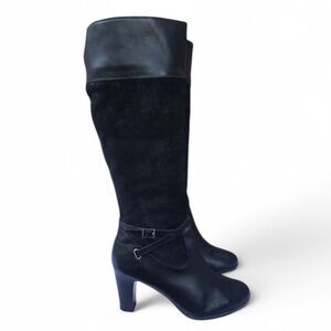 Ralph Lauren‎ Misa Black Knee High Heel Boots Size 10B Suede Leather Zip Strap